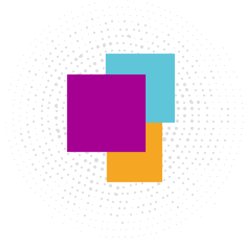 three overlapping square block icons, top one solid purple, second one solids turquoise, third and smallest one solid yellow.